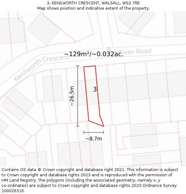 3, KENILWORTH CRESCENT, WALSALL, WS2 7RE: Plot and title map