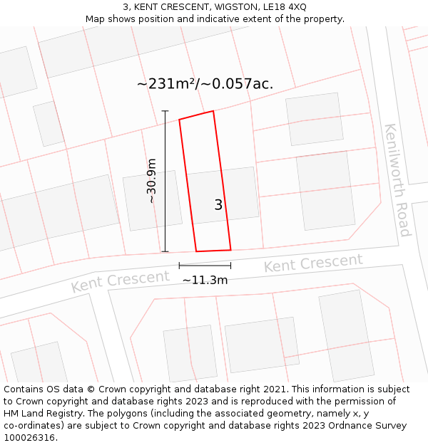 3, KENT CRESCENT, WIGSTON, LE18 4XQ: Plot and title map