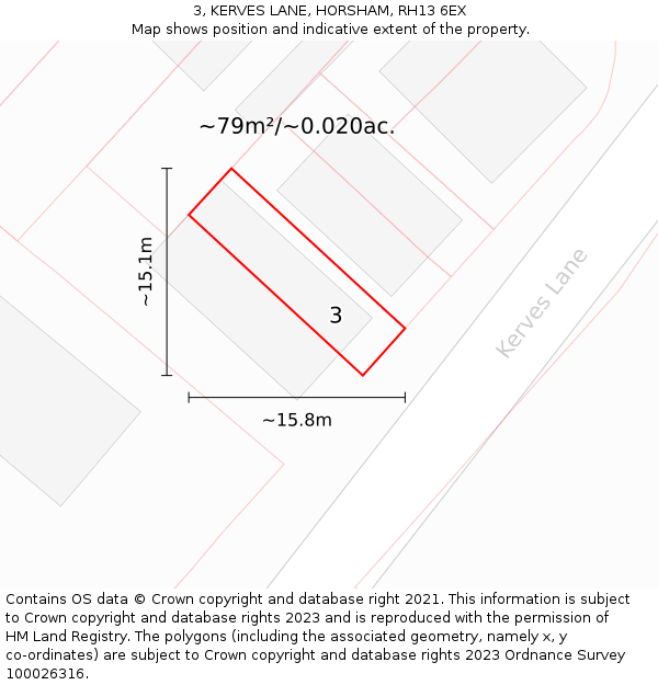 3, KERVES LANE, HORSHAM, RH13 6EX: Plot and title map