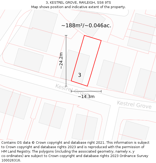 3, KESTREL GROVE, RAYLEIGH, SS6 9TS: Plot and title map