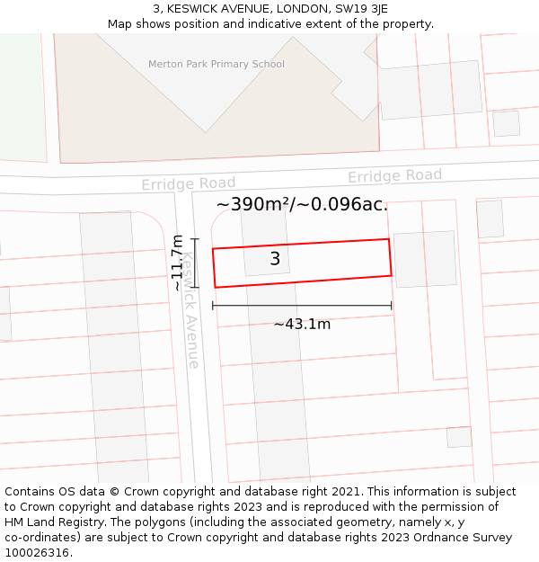 3, KESWICK AVENUE, LONDON, SW19 3JE: Plot and title map