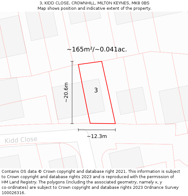 3, KIDD CLOSE, CROWNHILL, MILTON KEYNES, MK8 0BS: Plot and title map