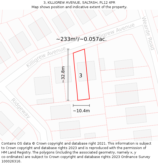 3, KILLIGREW AVENUE, SALTASH, PL12 4PR: Plot and title map