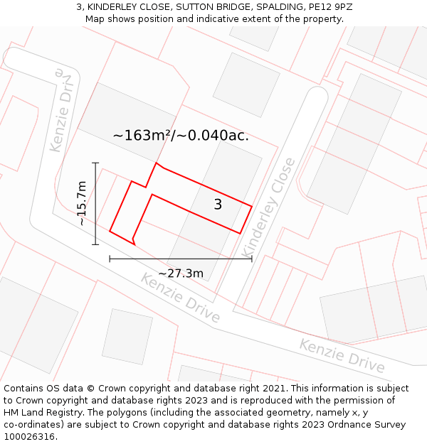 3, KINDERLEY CLOSE, SUTTON BRIDGE, SPALDING, PE12 9PZ: Plot and title map