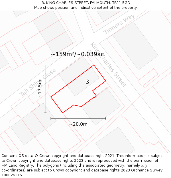 3, KING CHARLES STREET, FALMOUTH, TR11 5GD: Plot and title map