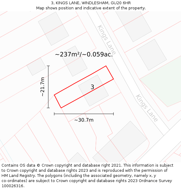3, KINGS LANE, WINDLESHAM, GU20 6HR: Plot and title map
