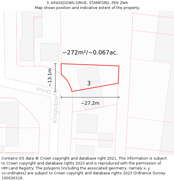 3, KINGSDOWN DRIVE, STAMFORD, PE9 2WA: Plot and title map