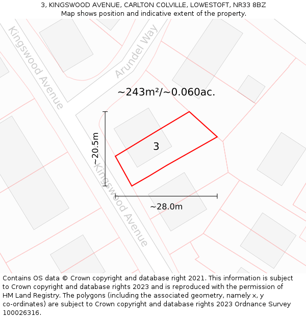 3, KINGSWOOD AVENUE, CARLTON COLVILLE, LOWESTOFT, NR33 8BZ: Plot and title map