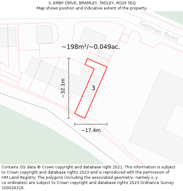 3, KIRBY DRIVE, BRAMLEY, TADLEY, RG26 5EQ: Plot and title map