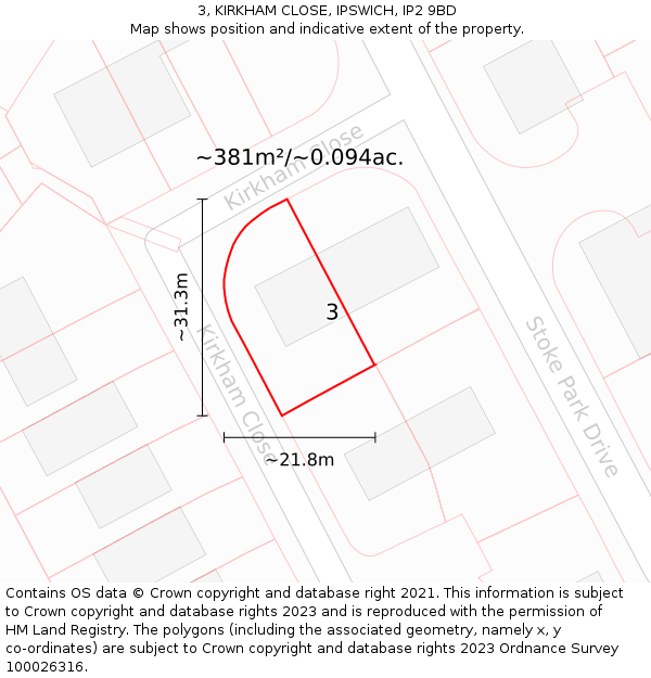 3, KIRKHAM CLOSE, IPSWICH, IP2 9BD: Plot and title map