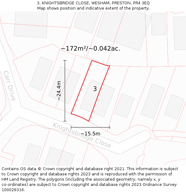 3, KNIGHTSBRIDGE CLOSE, WESHAM, PRESTON, PR4 3EQ: Plot and title map