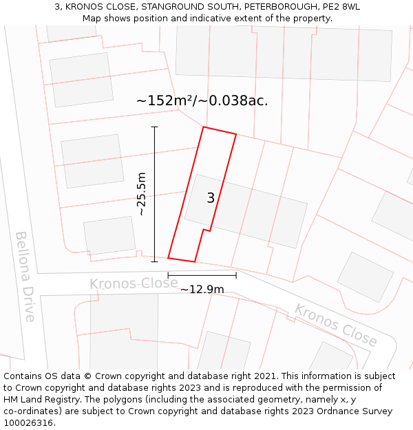 3, KRONOS CLOSE, STANGROUND SOUTH, PETERBOROUGH, PE2 8WL: Plot and title map