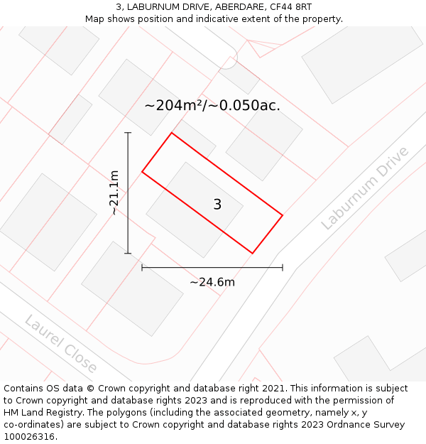 3, LABURNUM DRIVE, ABERDARE, CF44 8RT: Plot and title map