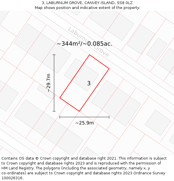 3, LABURNUM GROVE, CANVEY ISLAND, SS8 0LZ: Plot and title map