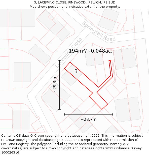 3, LACEWING CLOSE, PINEWOOD, IPSWICH, IP8 3UD: Plot and title map