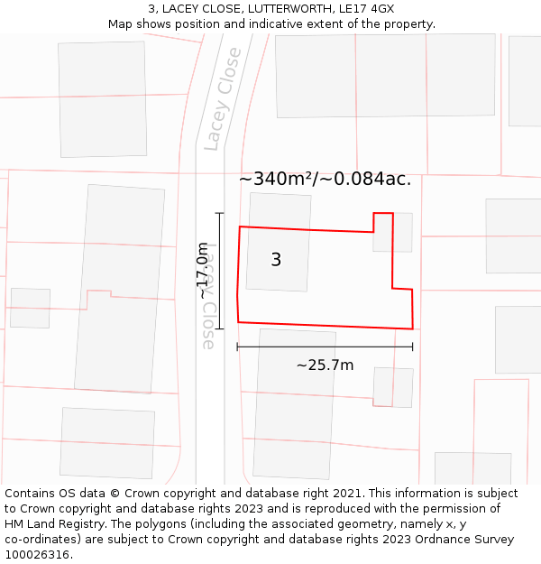 3, LACEY CLOSE, LUTTERWORTH, LE17 4GX: Plot and title map