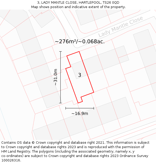 3, LADY MANTLE CLOSE, HARTLEPOOL, TS26 0QD: Plot and title map