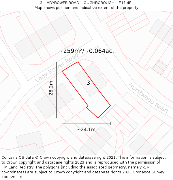 3, LADYBOWER ROAD, LOUGHBOROUGH, LE11 4EL: Plot and title map
