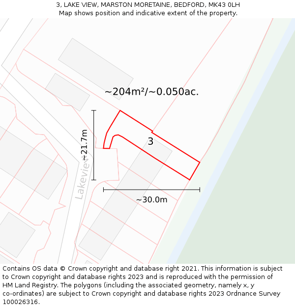3, LAKE VIEW, MARSTON MORETAINE, BEDFORD, MK43 0LH: Plot and title map