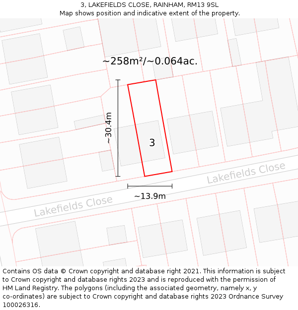 3, LAKEFIELDS CLOSE, RAINHAM, RM13 9SL: Plot and title map