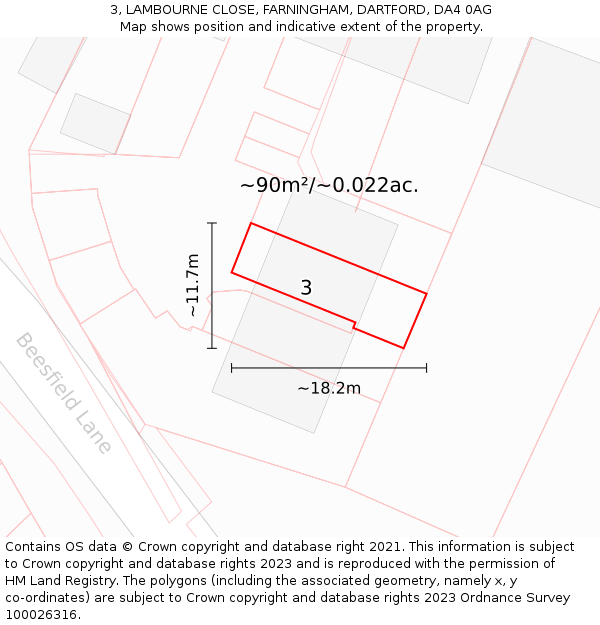 3, LAMBOURNE CLOSE, FARNINGHAM, DARTFORD, DA4 0AG: Plot and title map