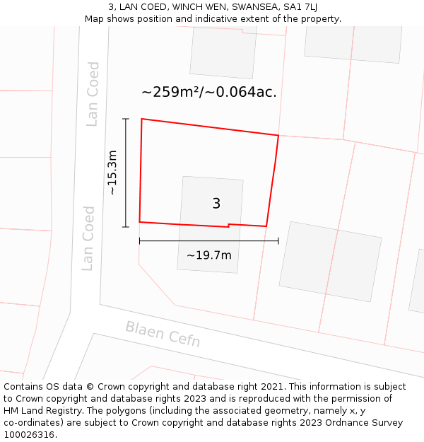 3, LAN COED, WINCH WEN, SWANSEA, SA1 7LJ: Plot and title map