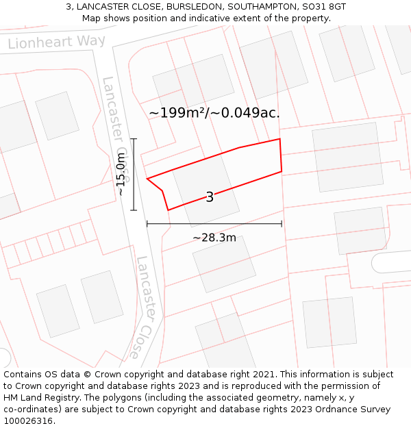 3, LANCASTER CLOSE, BURSLEDON, SOUTHAMPTON, SO31 8GT: Plot and title map