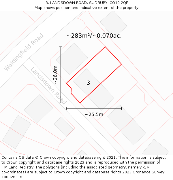 3, LANDSDOWN ROAD, SUDBURY, CO10 2QF: Plot and title map