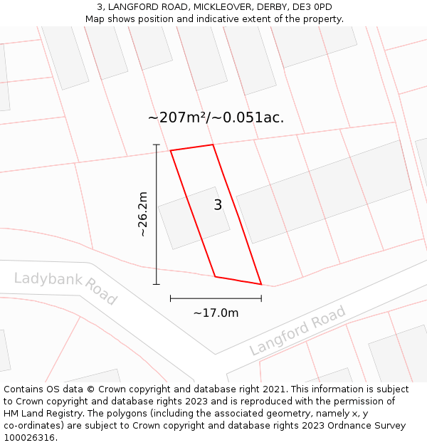 3, LANGFORD ROAD, MICKLEOVER, DERBY, DE3 0PD: Plot and title map