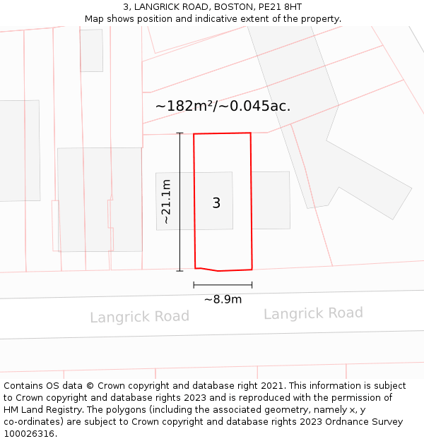 3, LANGRICK ROAD, BOSTON, PE21 8HT: Plot and title map