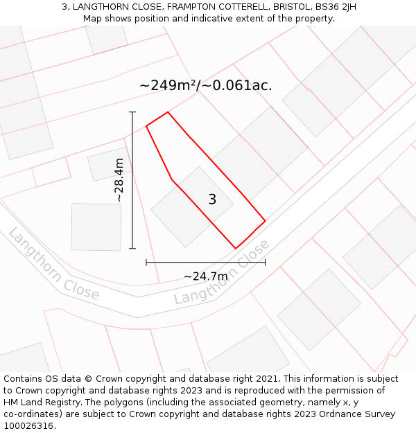 3, LANGTHORN CLOSE, FRAMPTON COTTERELL, BRISTOL, BS36 2JH: Plot and title map