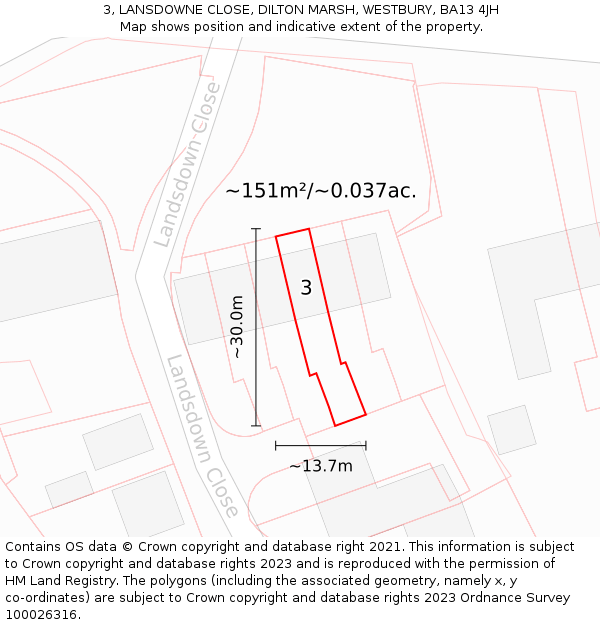 3, LANSDOWNE CLOSE, DILTON MARSH, WESTBURY, BA13 4JH: Plot and title map