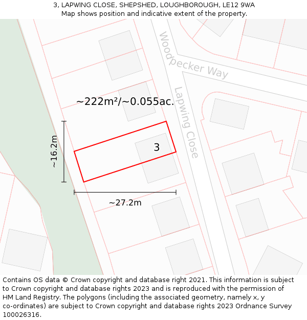 3, LAPWING CLOSE, SHEPSHED, LOUGHBOROUGH, LE12 9WA: Plot and title map