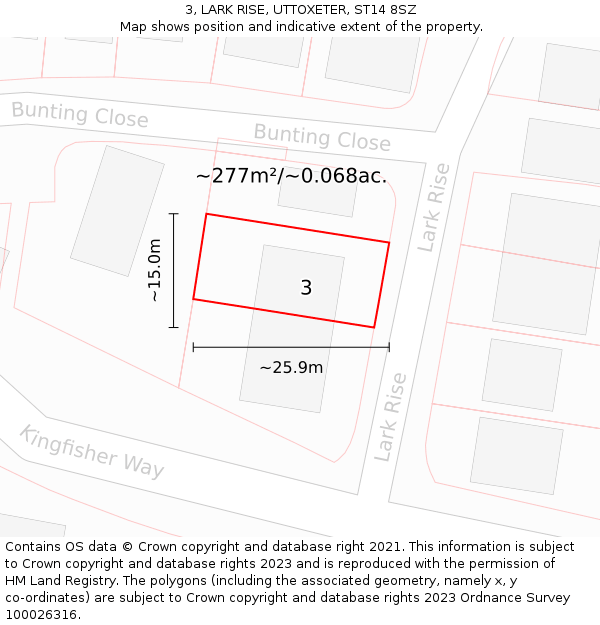3, LARK RISE, UTTOXETER, ST14 8SZ: Plot and title map