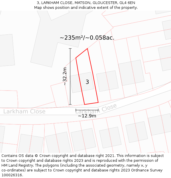 3, LARKHAM CLOSE, MATSON, GLOUCESTER, GL4 6EN: Plot and title map