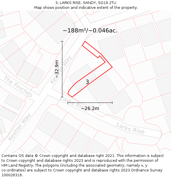 3, LARKS RISE, SANDY, SG19 2TU: Plot and title map