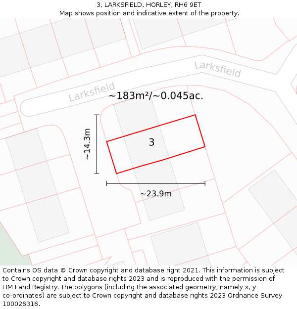 3, LARKSFIELD, HORLEY, RH6 9ET: Plot and title map