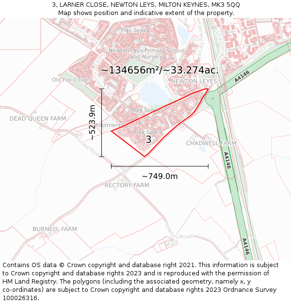 3, LARNER CLOSE, NEWTON LEYS, MILTON KEYNES, MK3 5QQ: Plot and title map