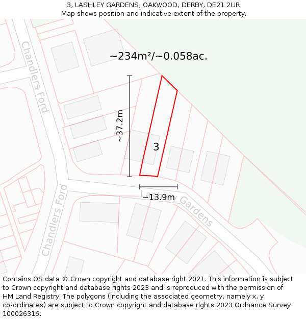 3, LASHLEY GARDENS, OAKWOOD, DERBY, DE21 2UR: Plot and title map
