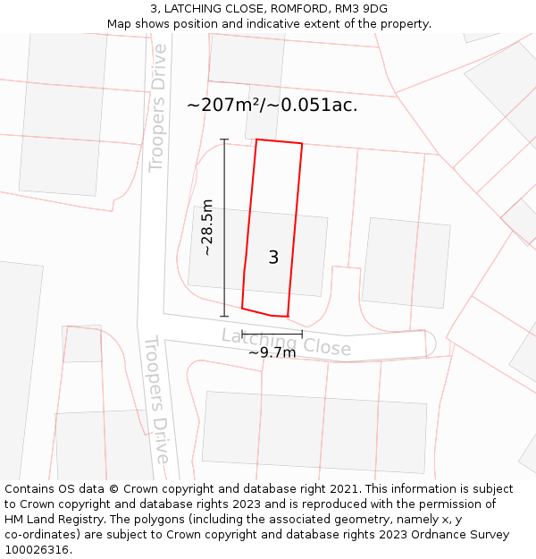 3, LATCHING CLOSE, ROMFORD, RM3 9DG: Plot and title map