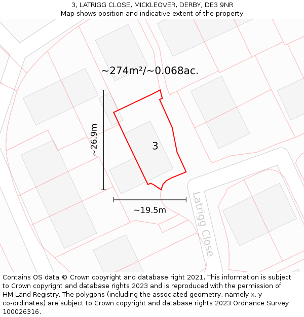 3, LATRIGG CLOSE, MICKLEOVER, DERBY, DE3 9NR: Plot and title map