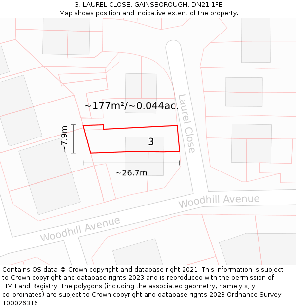 3, LAUREL CLOSE, GAINSBOROUGH, DN21 1FE: Plot and title map