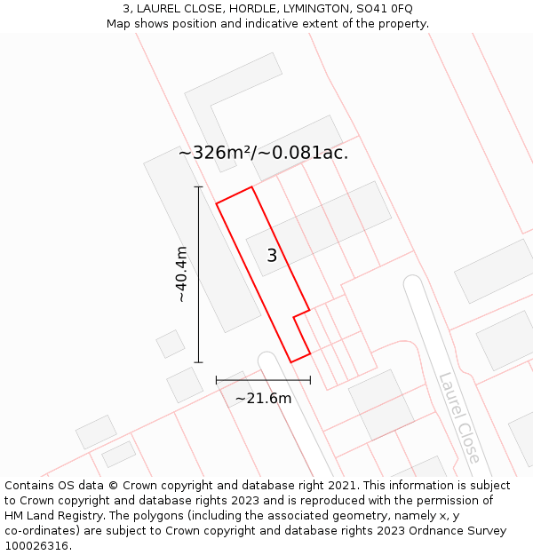 3, LAUREL CLOSE, HORDLE, LYMINGTON, SO41 0FQ: Plot and title map
