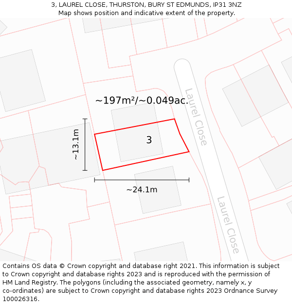3, LAUREL CLOSE, THURSTON, BURY ST EDMUNDS, IP31 3NZ: Plot and title map