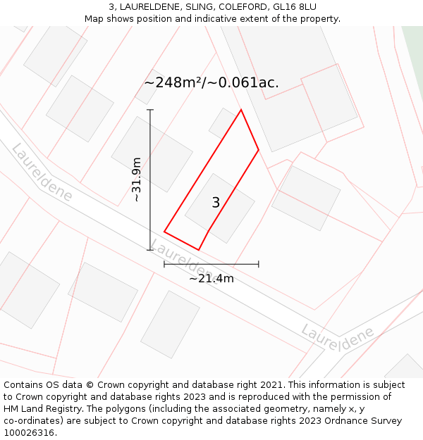3, LAURELDENE, SLING, COLEFORD, GL16 8LU: Plot and title map