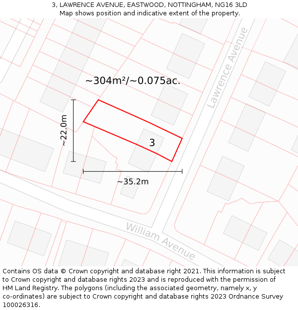 3, LAWRENCE AVENUE, EASTWOOD, NOTTINGHAM, NG16 3LD: Plot and title map