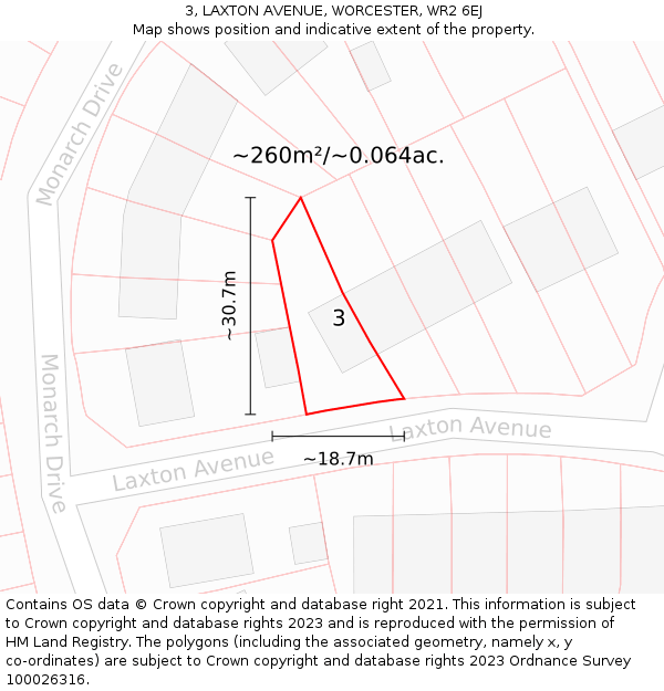 3, LAXTON AVENUE, WORCESTER, WR2 6EJ: Plot and title map