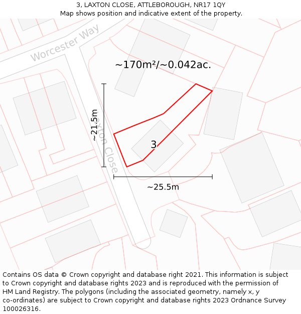 3, LAXTON CLOSE, ATTLEBOROUGH, NR17 1QY: Plot and title map