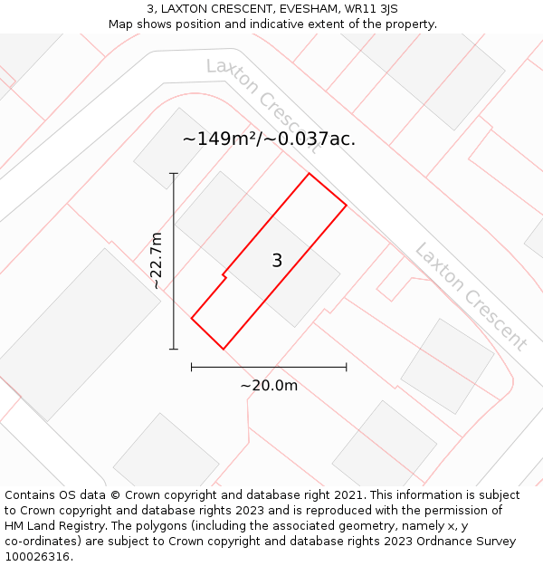 3, LAXTON CRESCENT, EVESHAM, WR11 3JS: Plot and title map