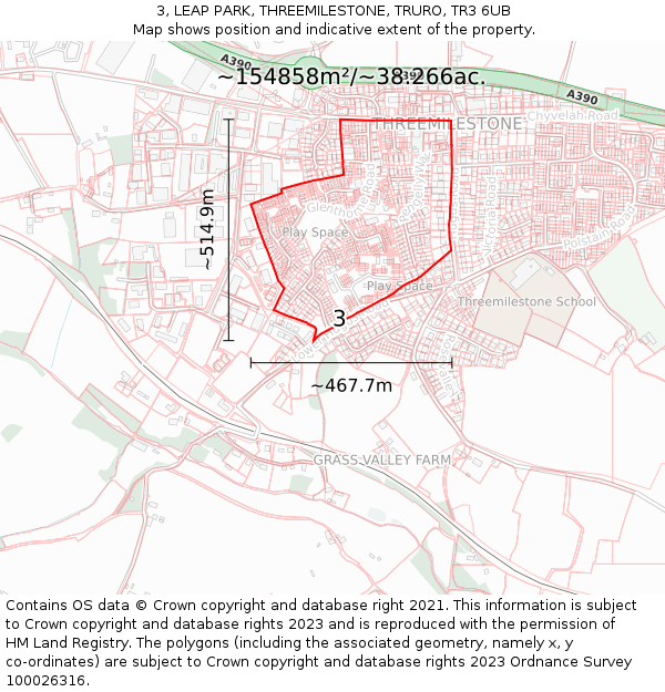 3, LEAP PARK, THREEMILESTONE, TRURO, TR3 6UB: Plot and title map
